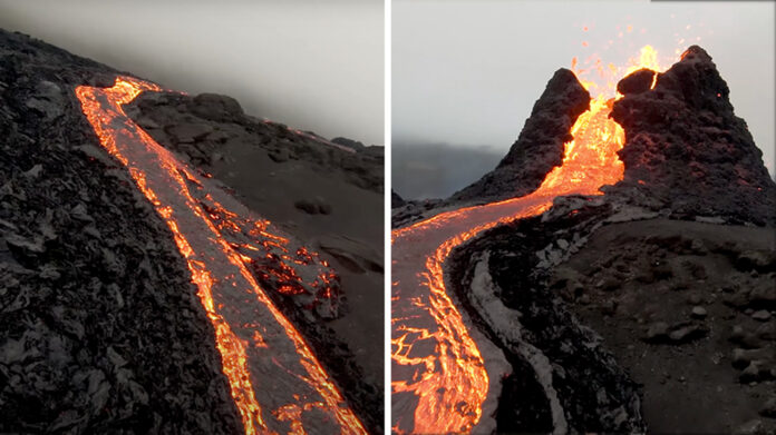 Un vulcano islandese durante l'eruzione, registrato da un drone