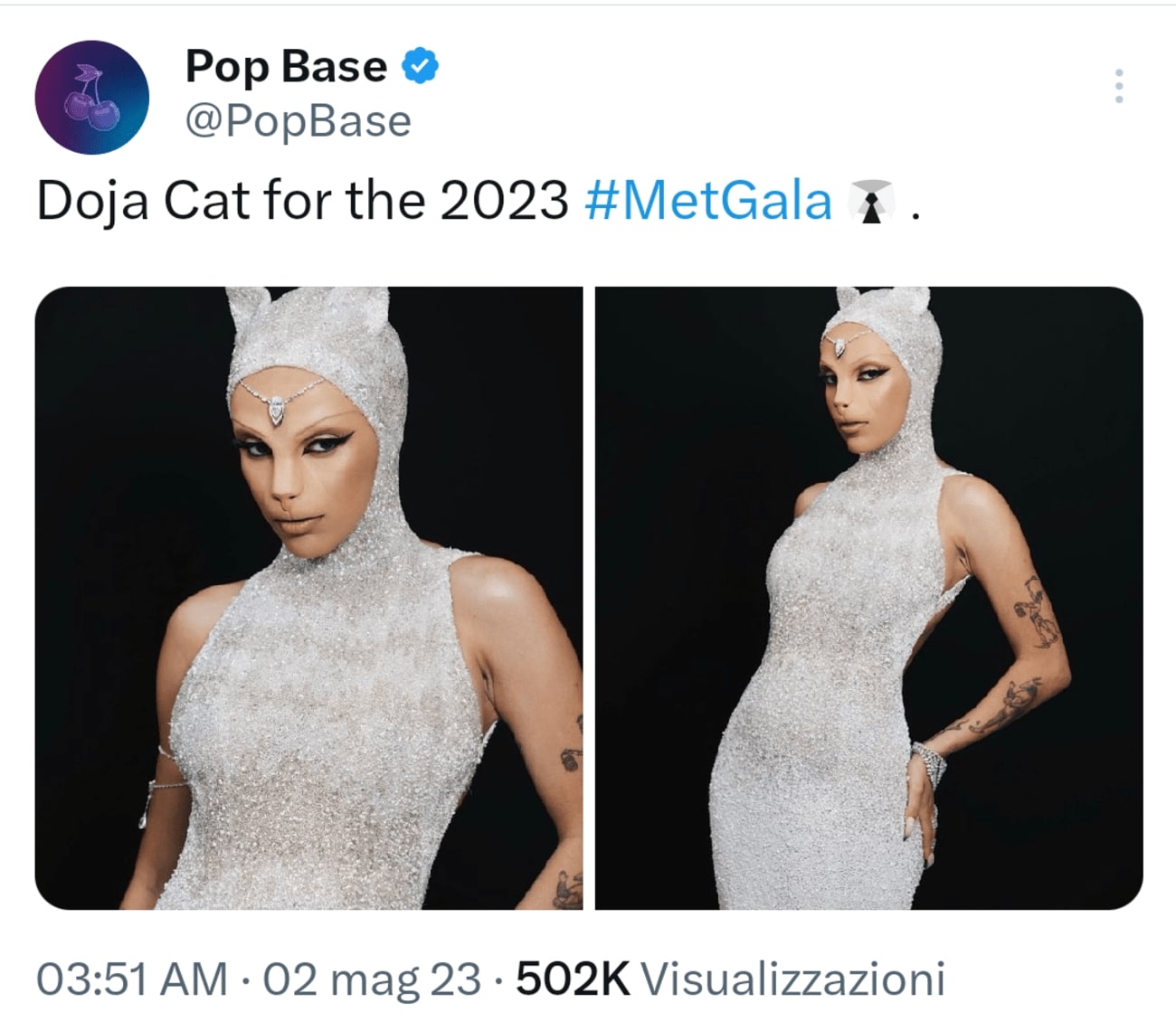 Doja Cat e il suo outfit speciale ai Met Gala. Fonte: Pop Base - Twitter