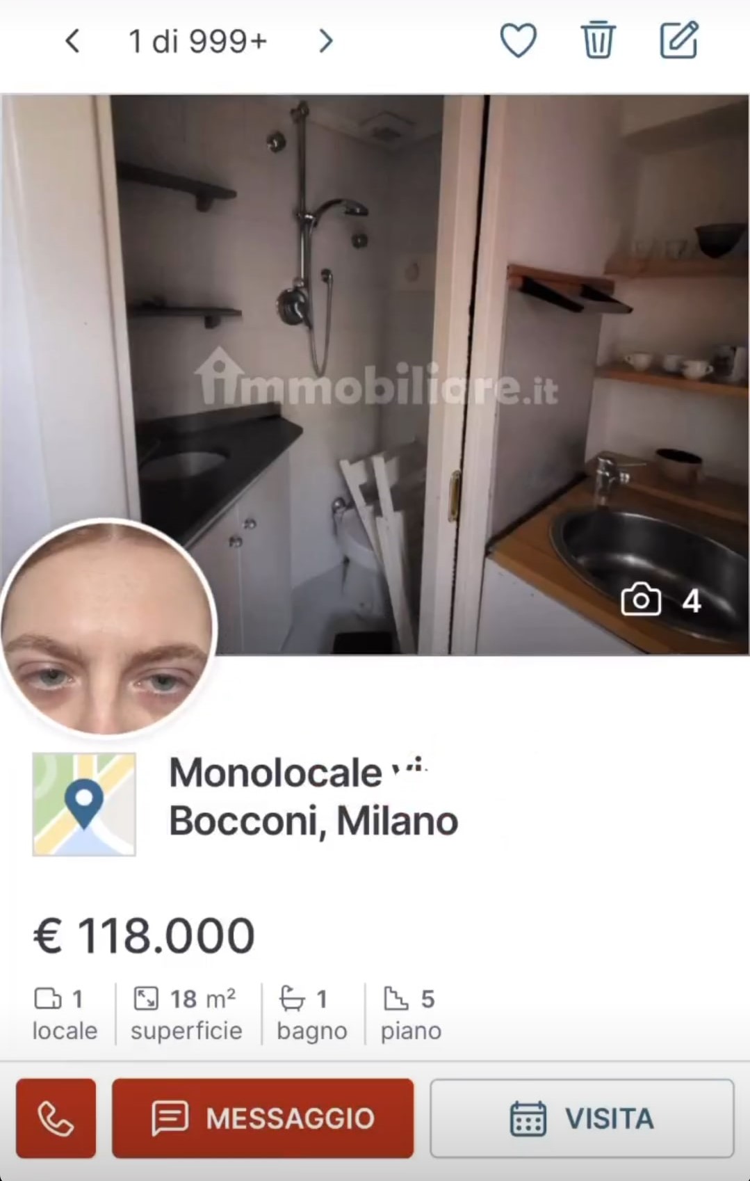 Il monolocale a Milano con la doccia nel ripostiglio della cucina. Fonte: mangiapregasbatty - Instagram
