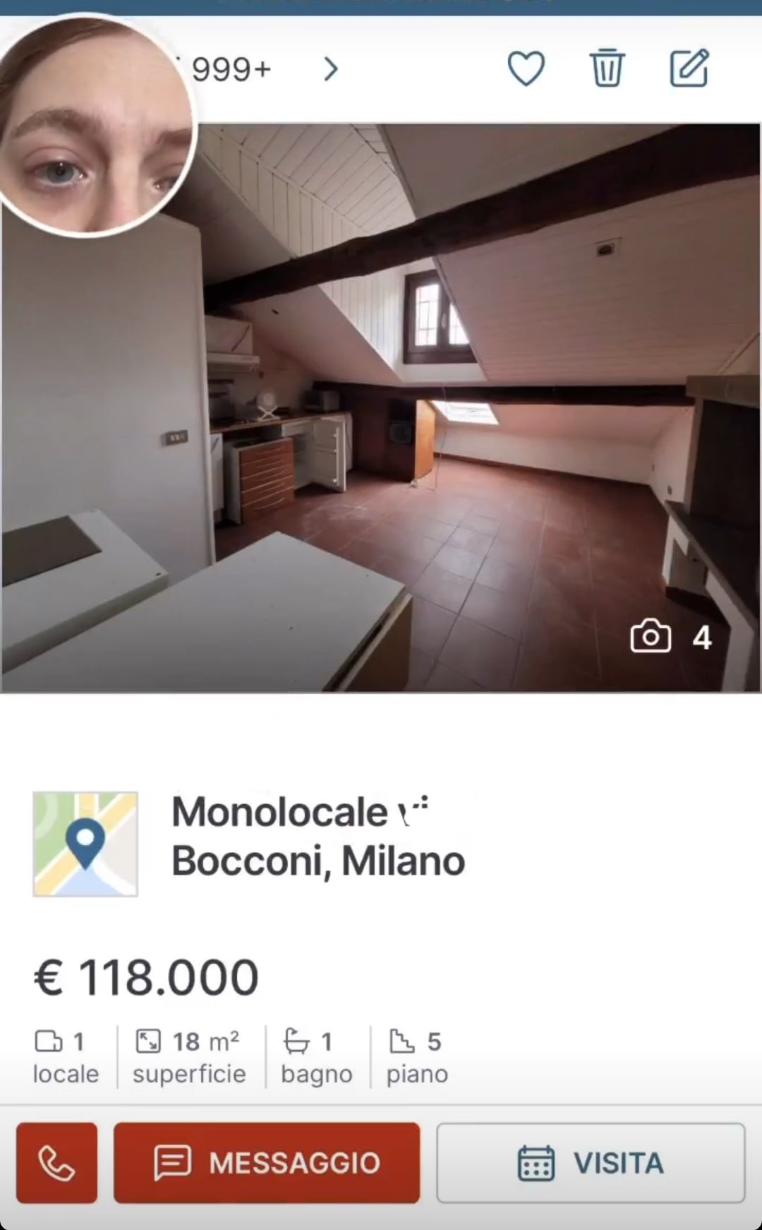Il monolocale a Milano sotto il tetto. Fonte: mangiapregasbatty - Instagram