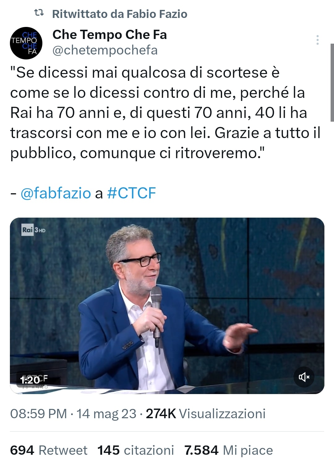 Ascolti tv, Fabio Fazio saluta così la Rai. Fonte: chetempochefa - Twitter