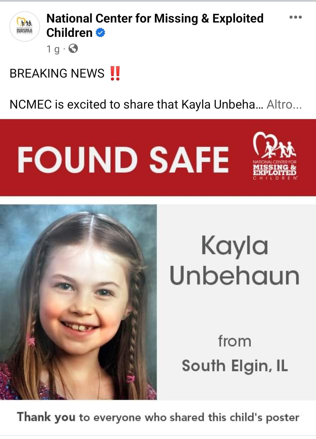 Il post con cui viene confermato il ritrovamento della bambina sparita nel 2017. Fonte: National Center for Missing & Exploited Children - Facebook.com