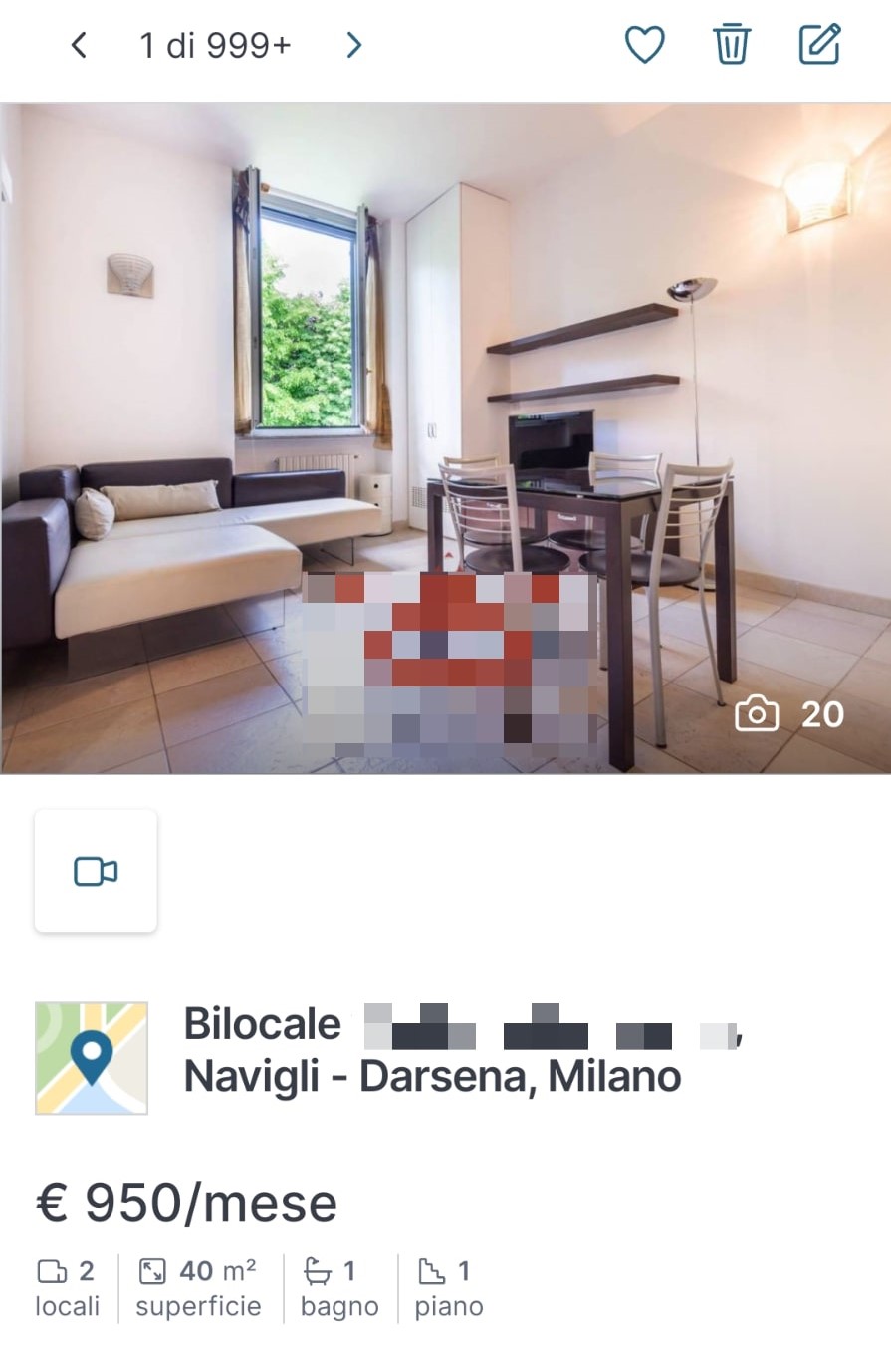 Un bilocale a 950 euro zona naviglio pavese, Milano. Fonte: immobiliare.it