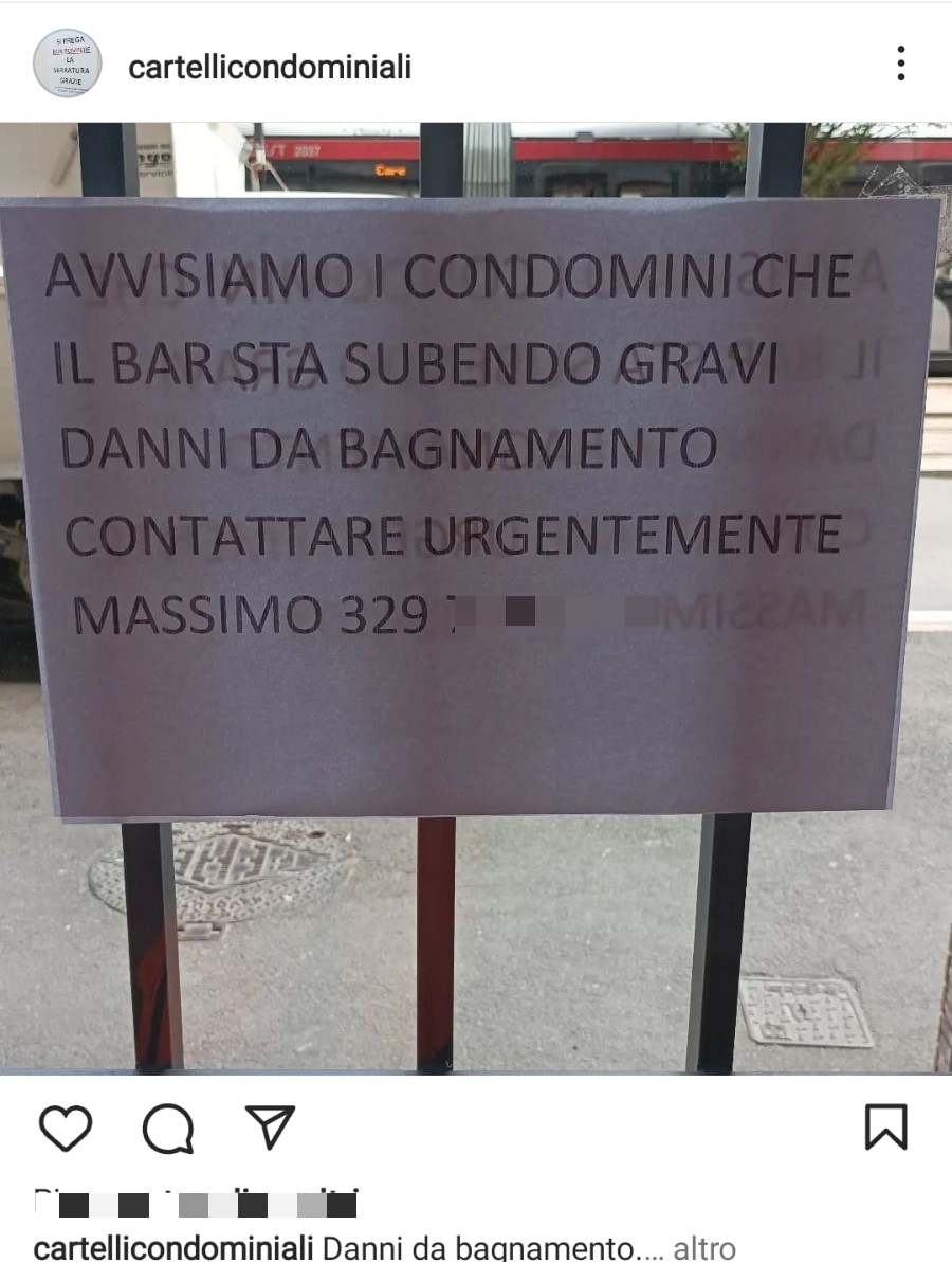 Il cartello surreale comparso in un condominio italiano. Fonte: cartellineicondomini - Instagram