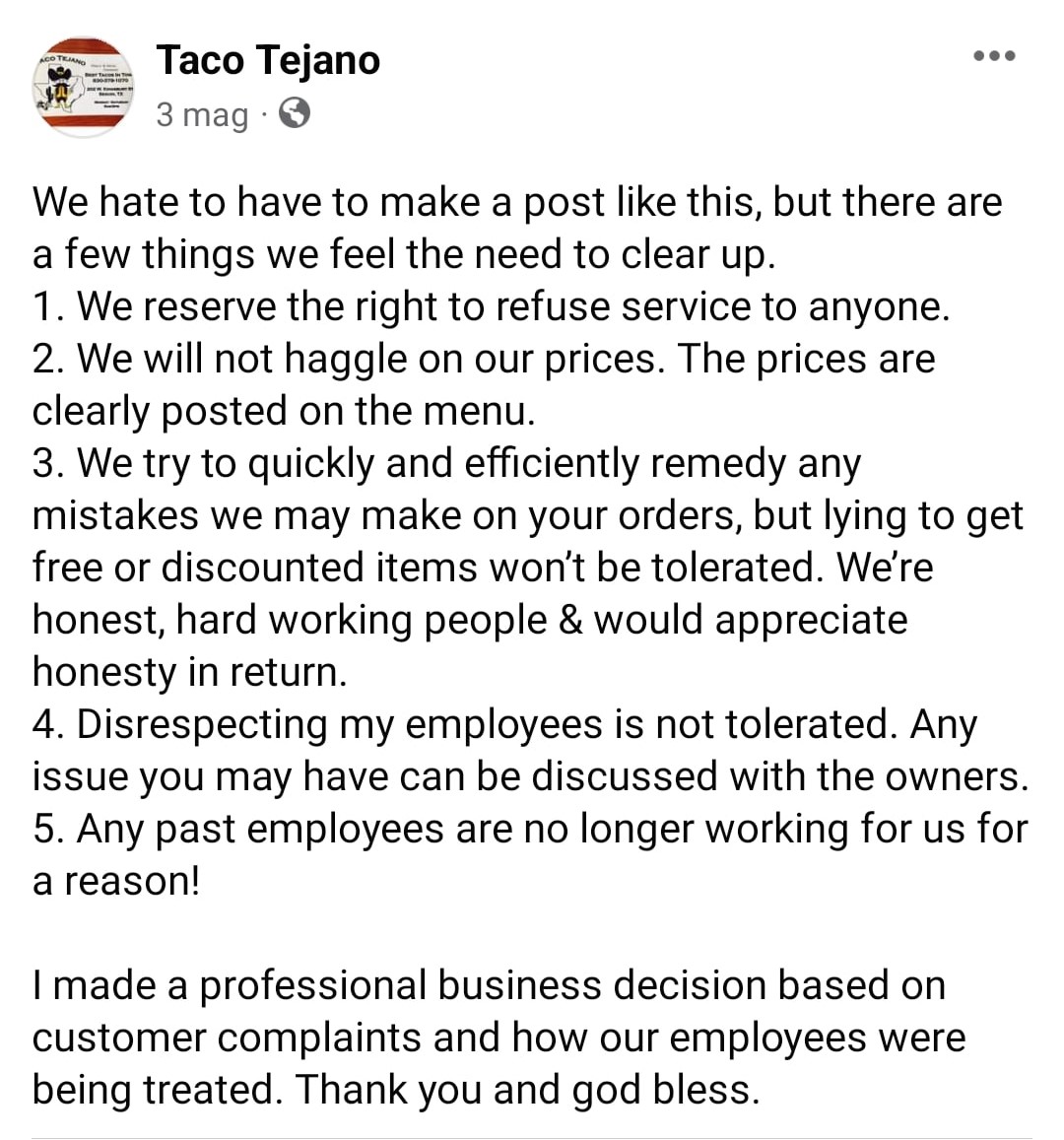 La giustificazione del ristorante. Fonte: Taco Tejano - Facebook