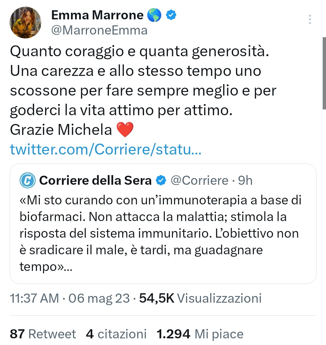 Emma Marrone e la solidarietà per Michela Murgia. Fonte: marroneemma - Twitter