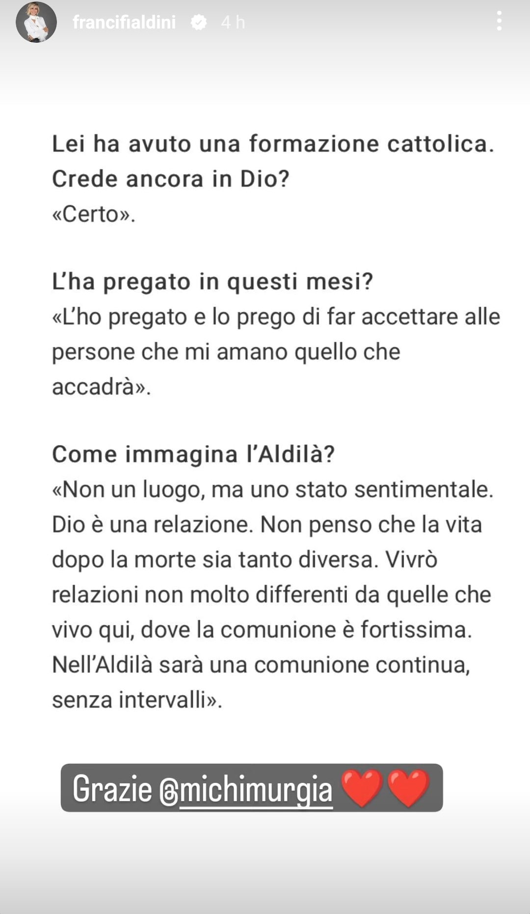 Michela Murgia e la solidarietà di Francesca Fialdini. Fonte: francifialdini - Instagram