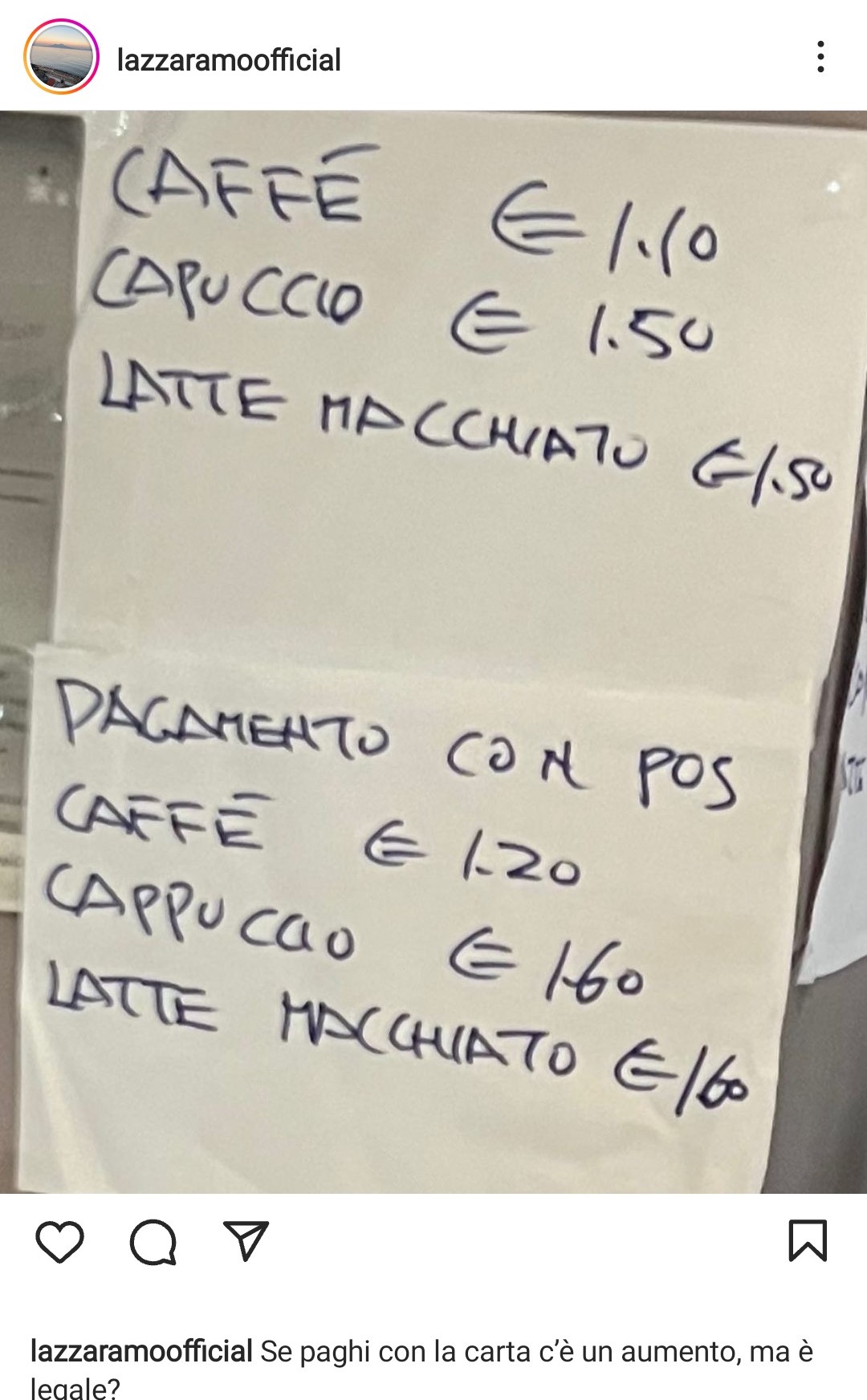 A Milano un bar chiede 10 centesimi in più a chi paga caffè, cappuccino e latte macchiato con carta di credito. Fonte: lazzaramoofficial - Instagram