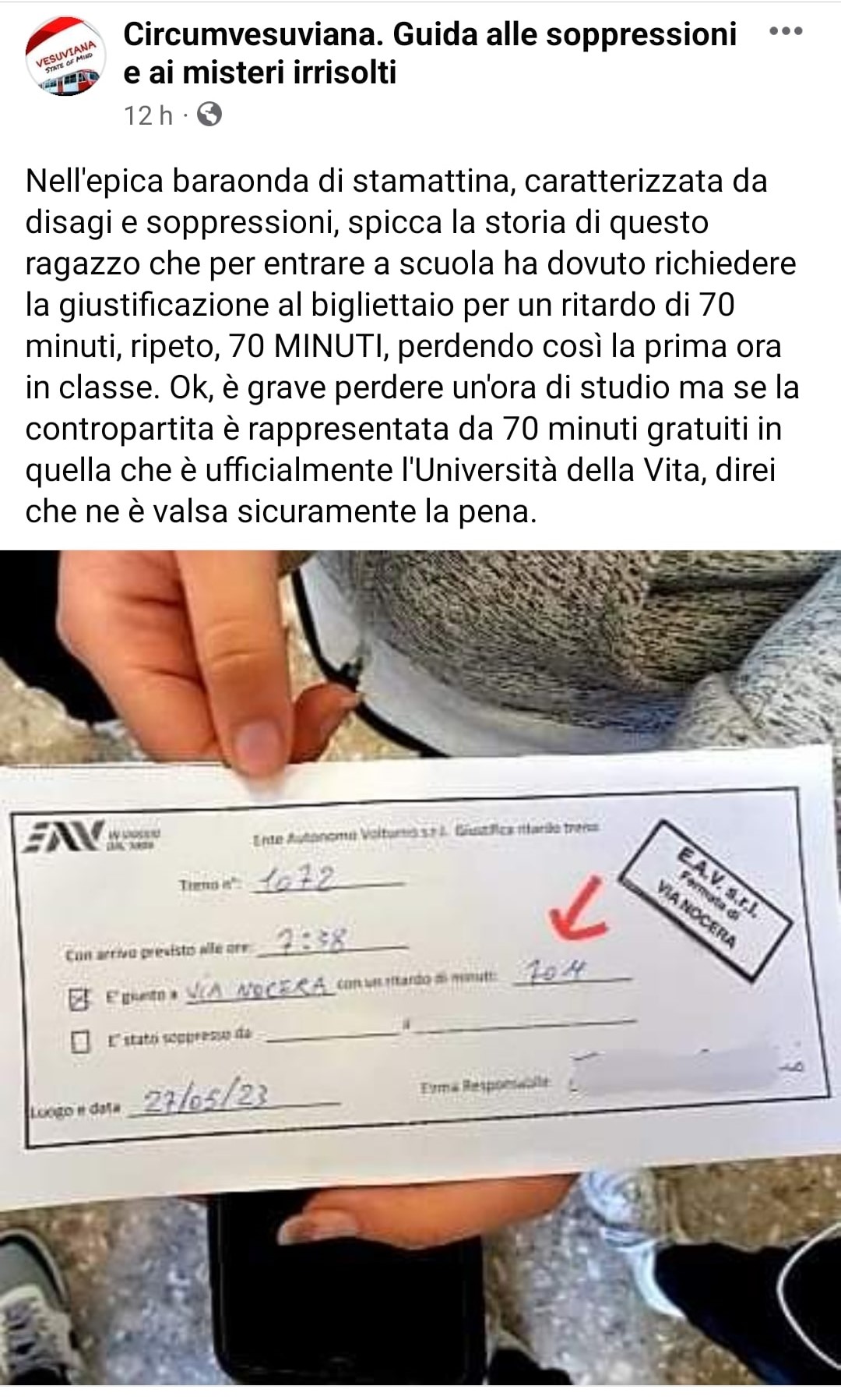 Il biglietto 'ufficiale' della Circumvesuviana per giustificare il ritardo di uno studente. Fonte: Circumvesuviana - Guida alle soprressioni e ai misteri irrisolti - Facebook
