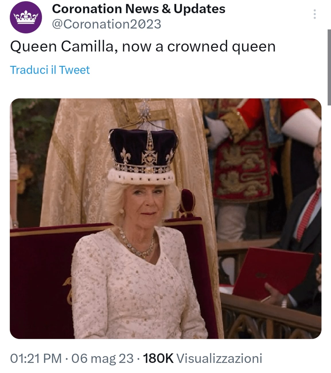 La Regina Camilla, pochi istanti dopo essere stata ufficialmente 'incoronata'. Fonte: Coronation2023 - Twitter