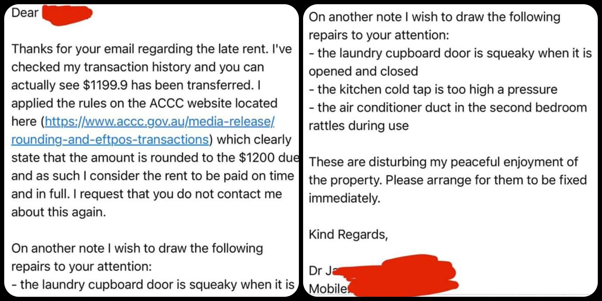 La risposta che il proprietario di casa ha ricevuto dopo la mail in cui chiedeva perché l'affittuario pagasse un centesimo in meno ogni settimana. Fonte: Landlords & Investors - Australia . Facebook.com