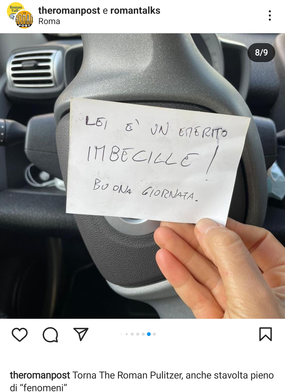 Roma, il bigliettino lasciato sul cruscotto: prima l'insulto, poi "Buona giornata". Fonte: theromanpost