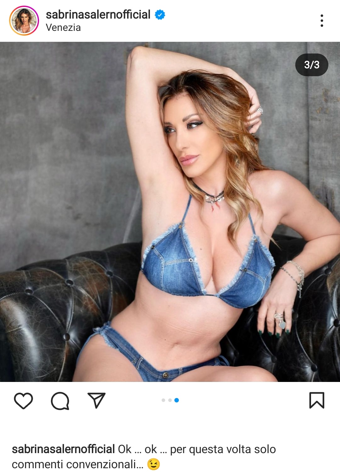 Sabrina Salerno in lingerie di jeans. Fonte: sabrinasalernofficial - Instagram