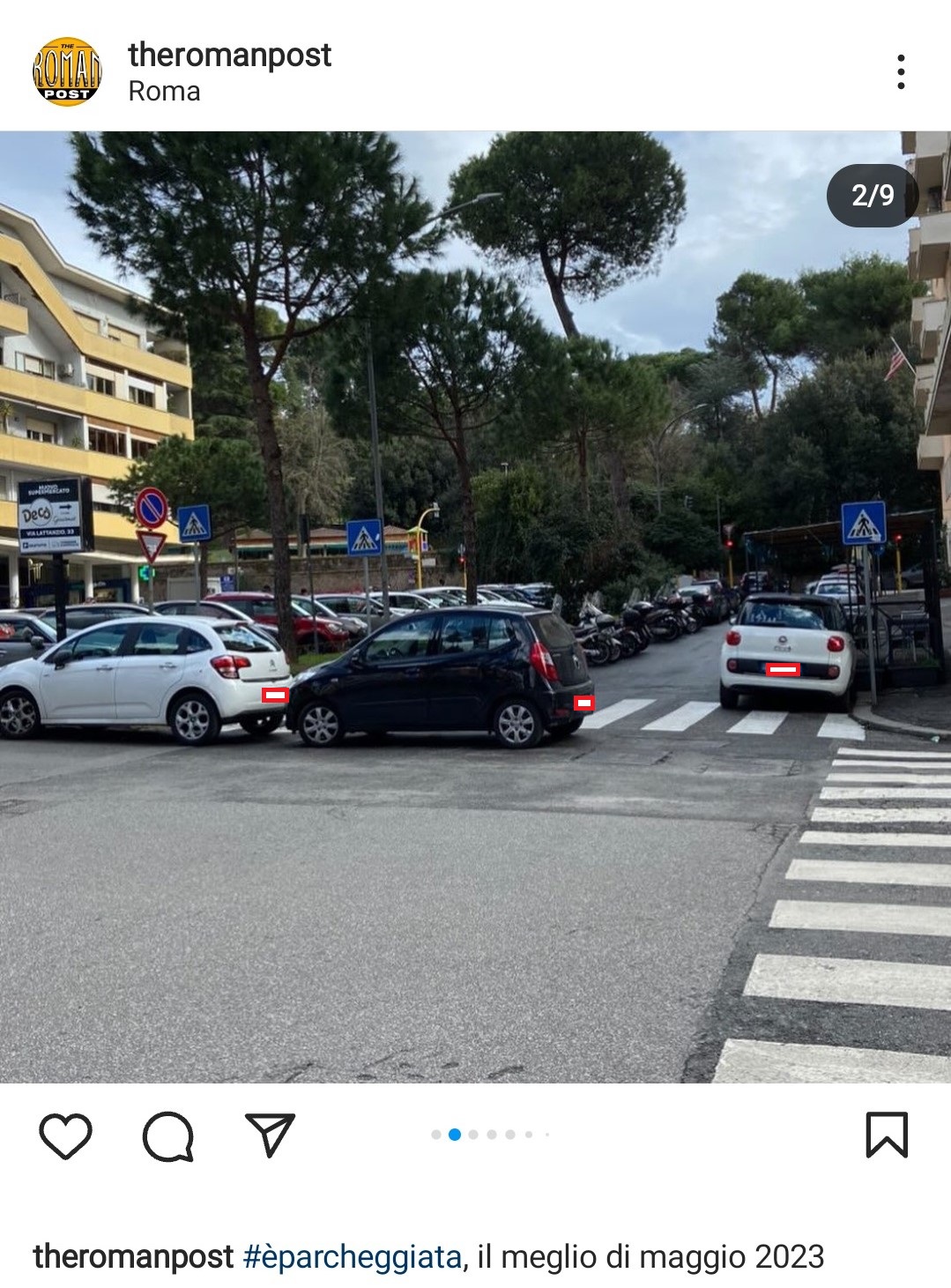 L'auto parcheggiata (male) in una strada di Roma. Fonte: The Roman Post - Instagram