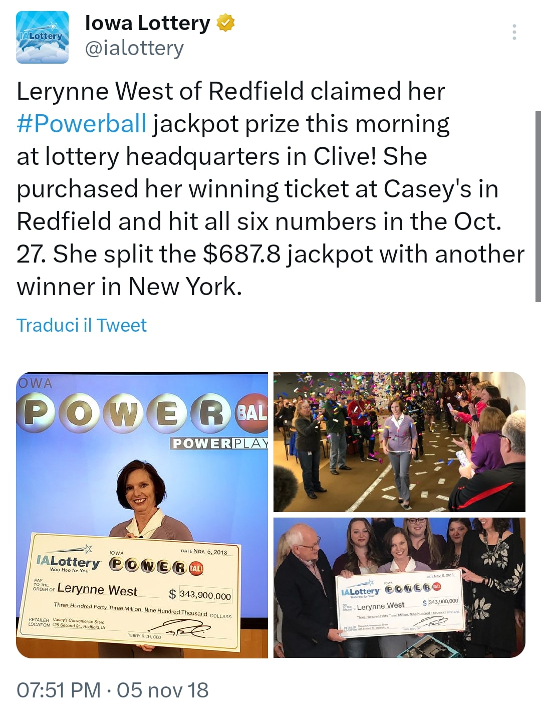 La vincitrice della Lotteria, nel momento in cui ha ricevuto l'assegno. Fonte: IA Lottery - Twitter