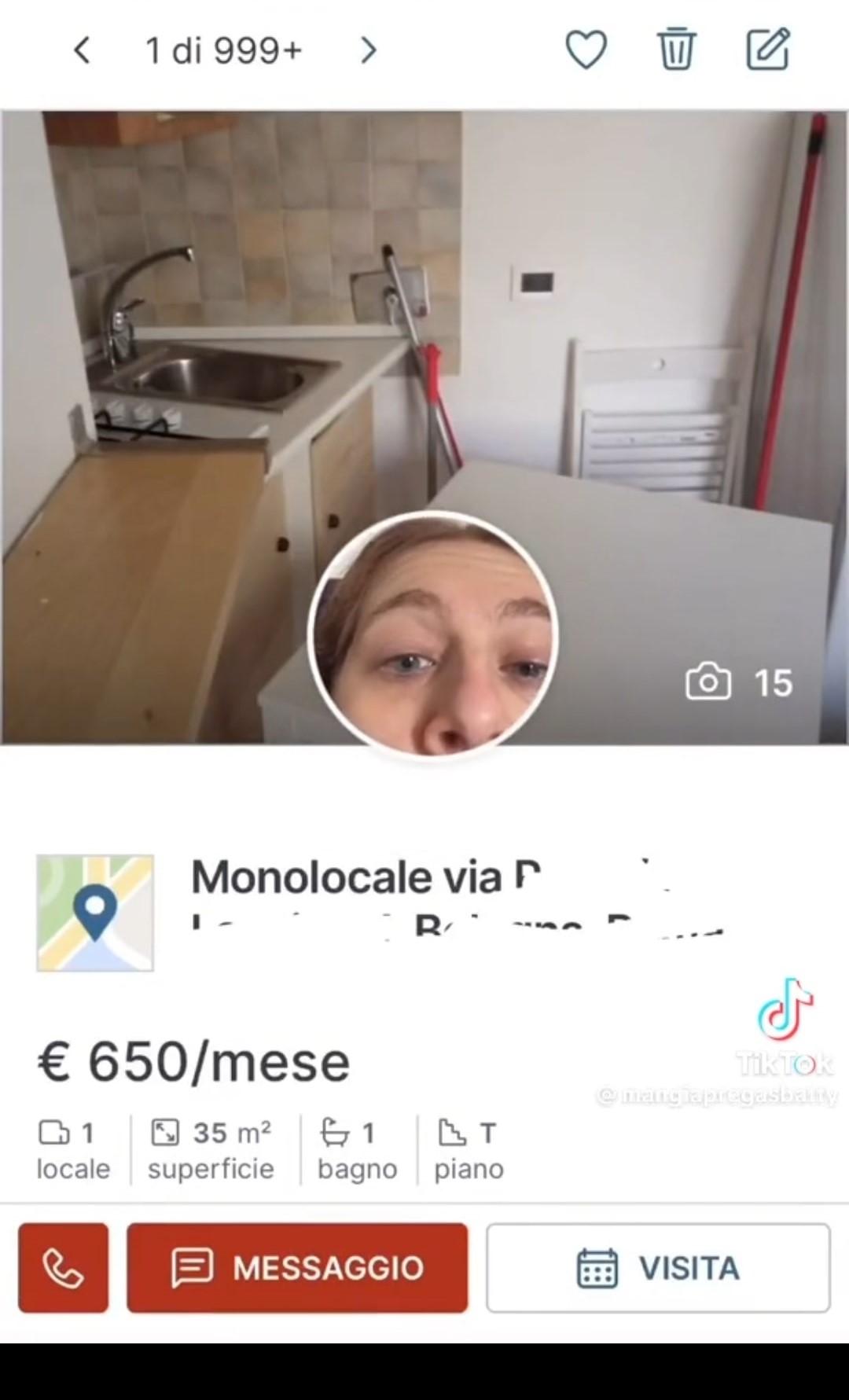 Il monolocale a Bologna: la cucina 'ad angolo' leggermente stretta. Fonte: mangiapregasbatty - TikTok