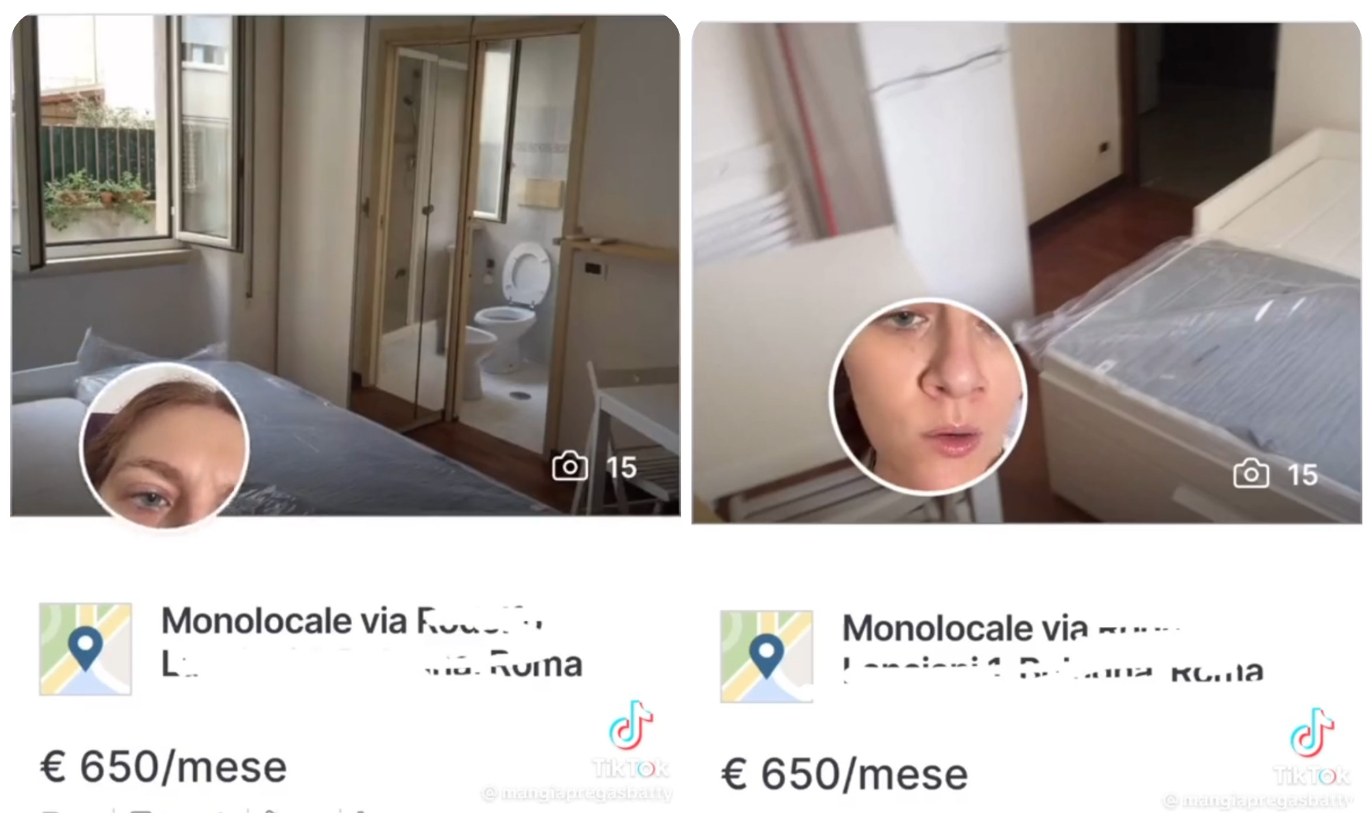 Il monolocale a Bologna: bagno e 'stanza' da letto. Fonte: mangiapregasbatty - TikTok