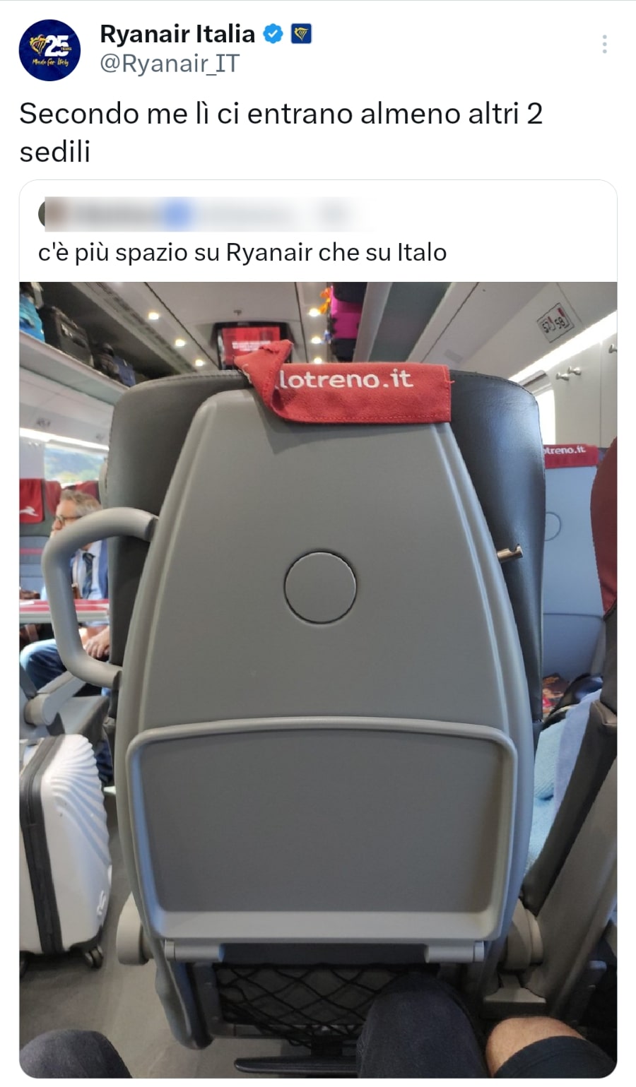 Ryanair risponde a chi afferma che i suoi sedili sono più comodi di quelli di Italo. Fonte: ryanair_IT - Twitter