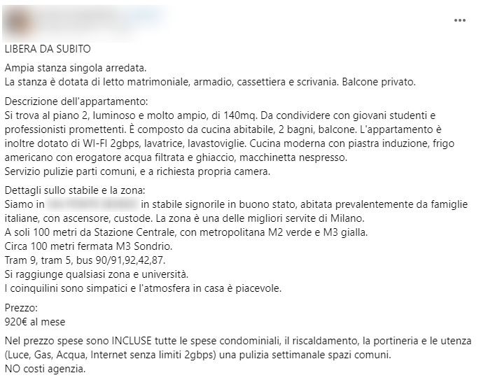 Affitti Milano, il prezzo dell'annuncio per una stanza singola è assurdo: