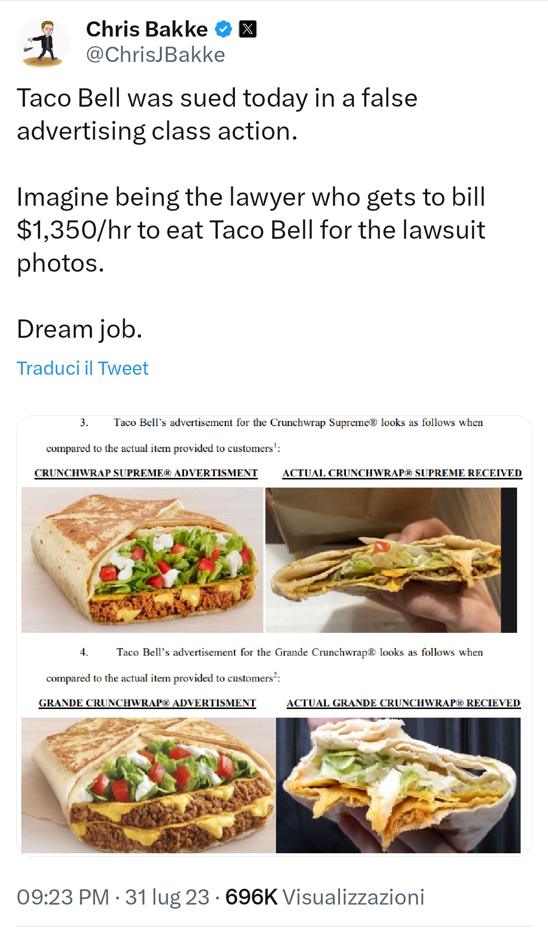 Una parte della denuncia contro il fast food 'Taco Bell': le differenze, in foto, tra prodotto reale e foto promozionale dello stesso.