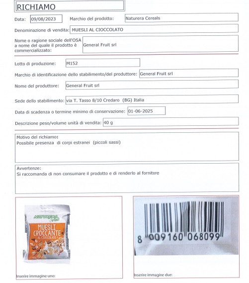cereali richiamo sassi