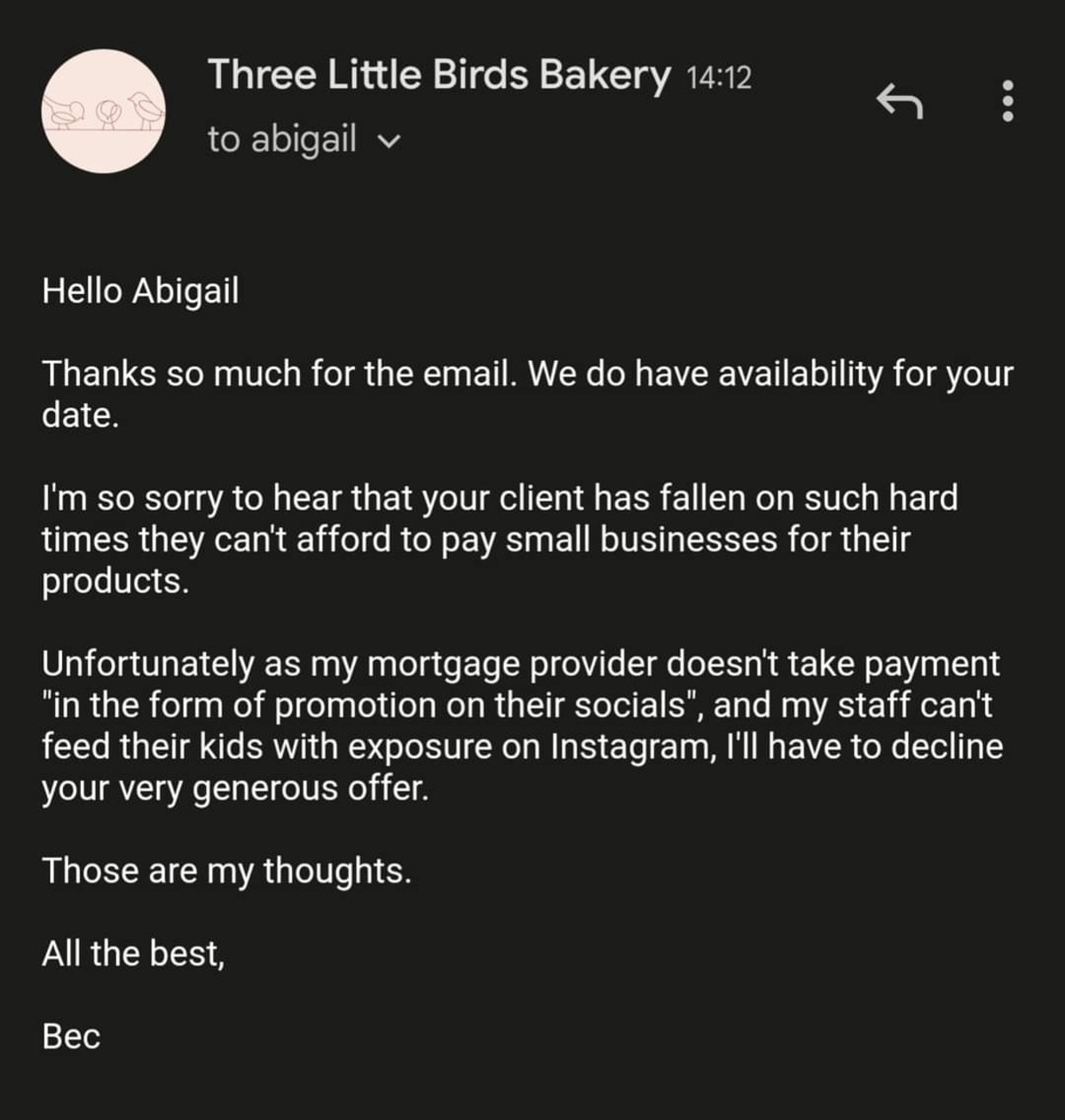 La mail di risposta della pasticciera. Fonte: Three Little Birds Bakery - Facebook
