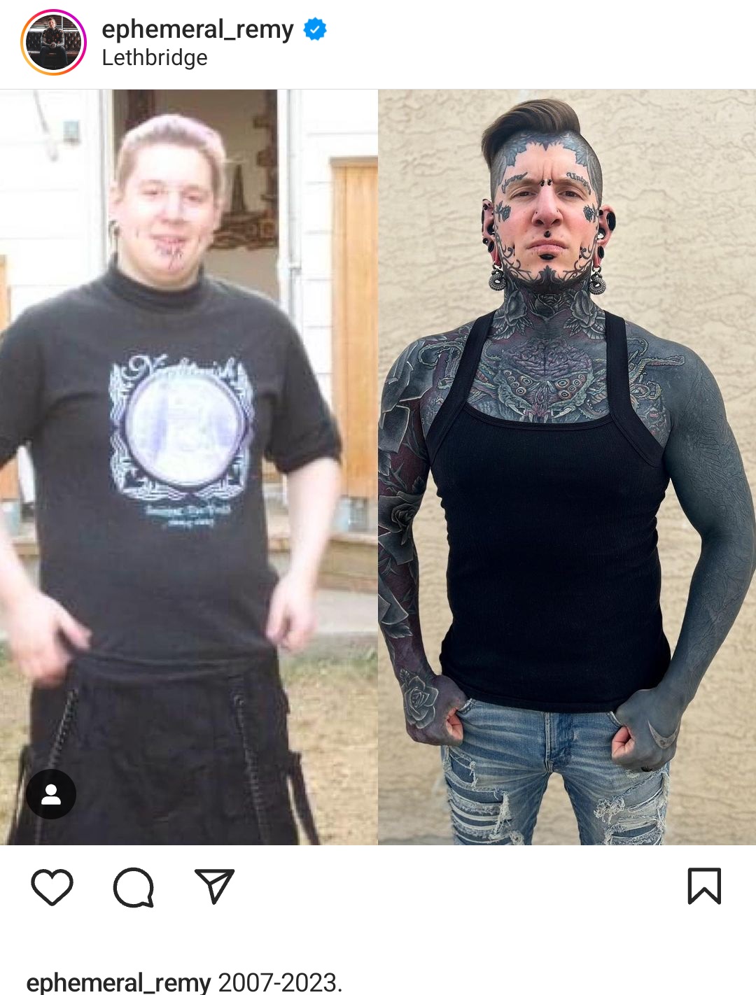 L'uomo che ha il 96% del corpo coperto da tatuaggi mostra com'era nel 2007. Fonte: ephemeral_remy - Instagram