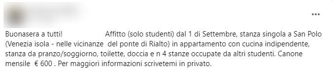 Affitti Venezia, l'annuncio per studenti che manda su tutte le furie: