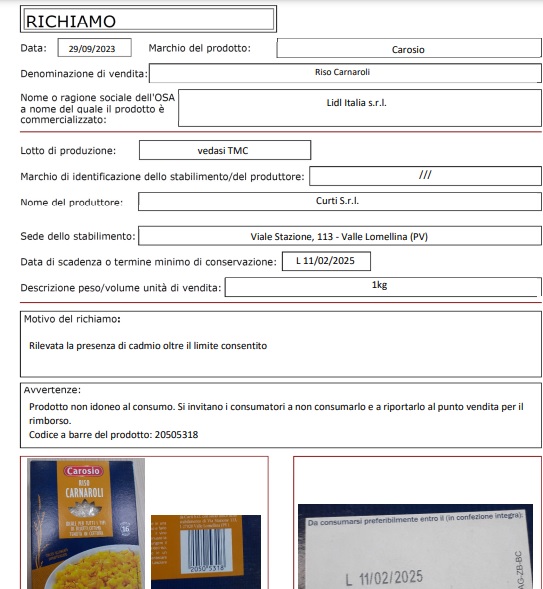 riso lotto ritirato