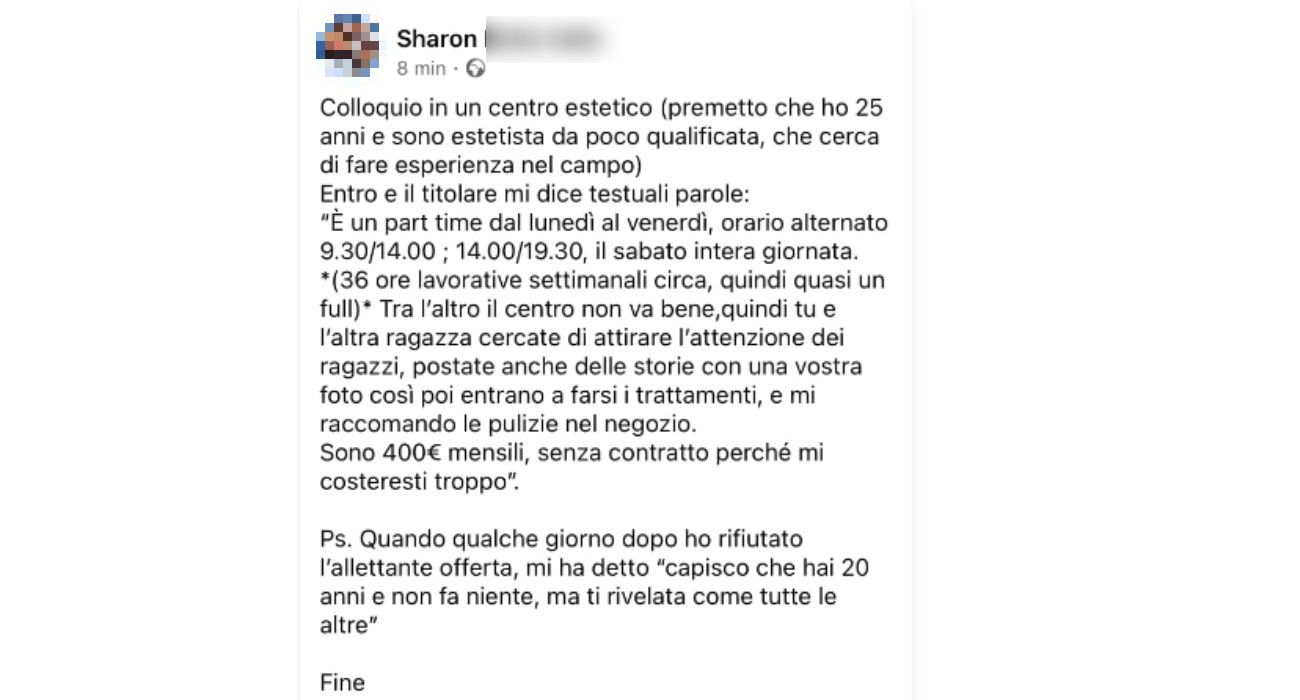 25enne fa un colloquio di lavoro in un centro estetico e denuncia: "Cosa mi hanno chiesto di fare per 400 euro al mese, da denuncia"