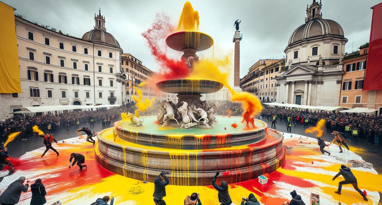 Roma, imbrattano la fontana di Piazza del Popolo con vernice rossa, gialla e arancione: il motivo della protesta svelato con uno striscione