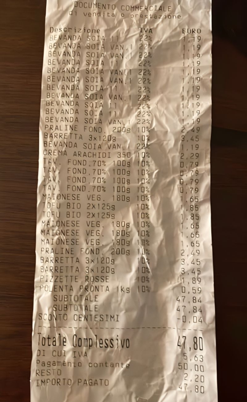 roma vegano supermercato scontrino