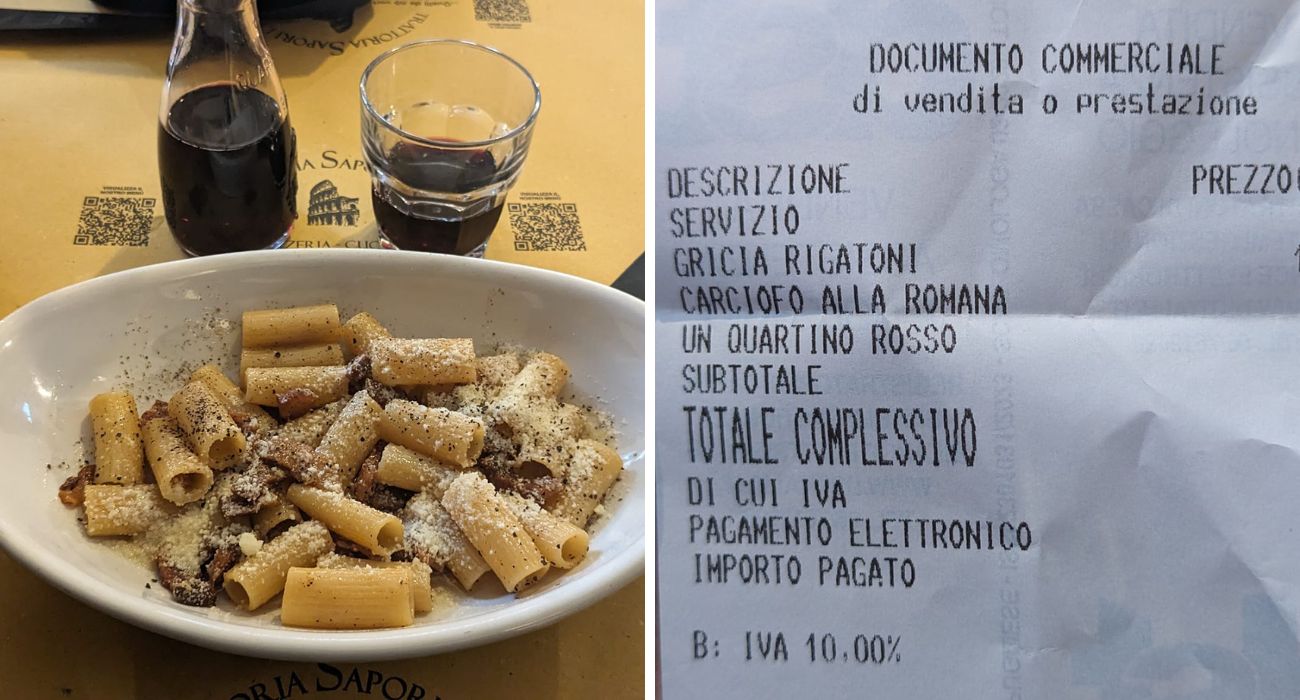 Roma, mostra lo scontrino del pranzo tipico: "Gricia e carciofo alla romana", ma il prezzo del vino scatena la polemica