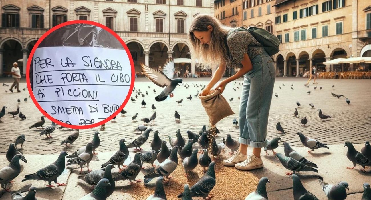 Lascia cibo ai piccioni per strada ma un cartello le rivela una spiacevole sorpresa: "La smetta perché..."