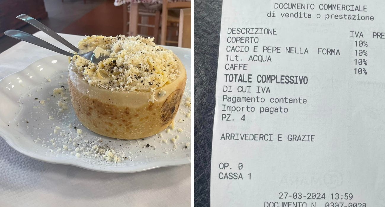 Puglia, mostra lo scontrino del ristorante: "Quanto ho pagato la cacio e pepe nella forma di parmigiano", e scoppia la polemica