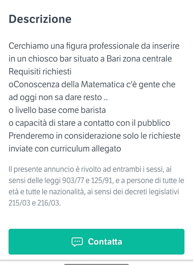 puglia annuncio lavoro barista