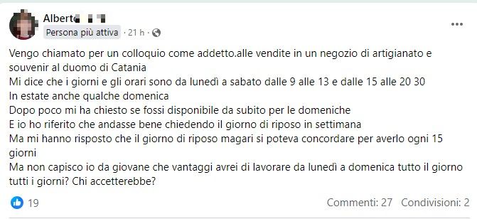 Sicilia, va al colloquio di lavoro per addetto alle vendite e scopre un'inquietante dettaglio: "Ogni quanto tempo posso avere un giorno di riposo"