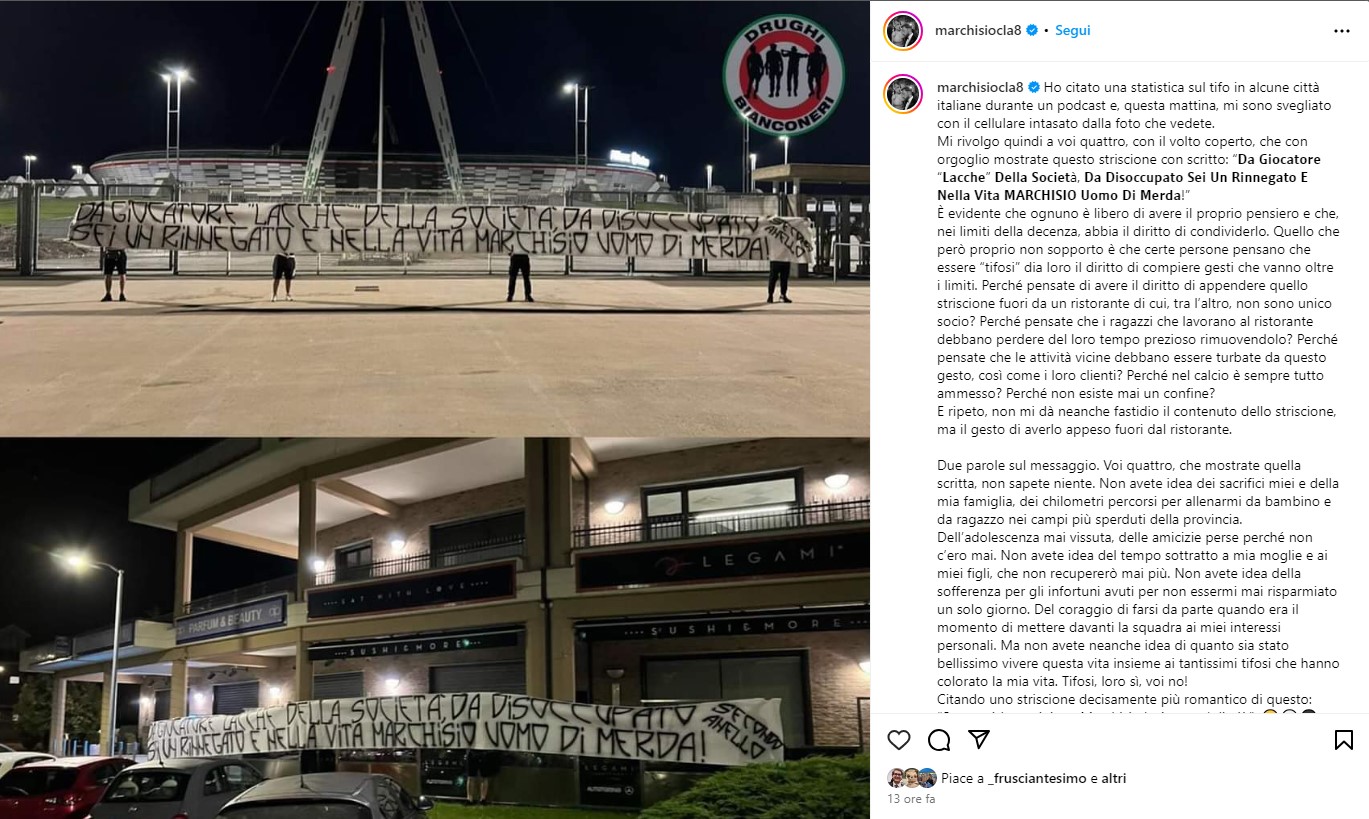 Juve, Marchisio insultato dagli ultras. La replica dell'ex calciatore: "Limite superato, non siete tifosi"