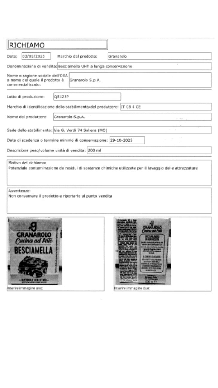 Besciamella lotto ritirato