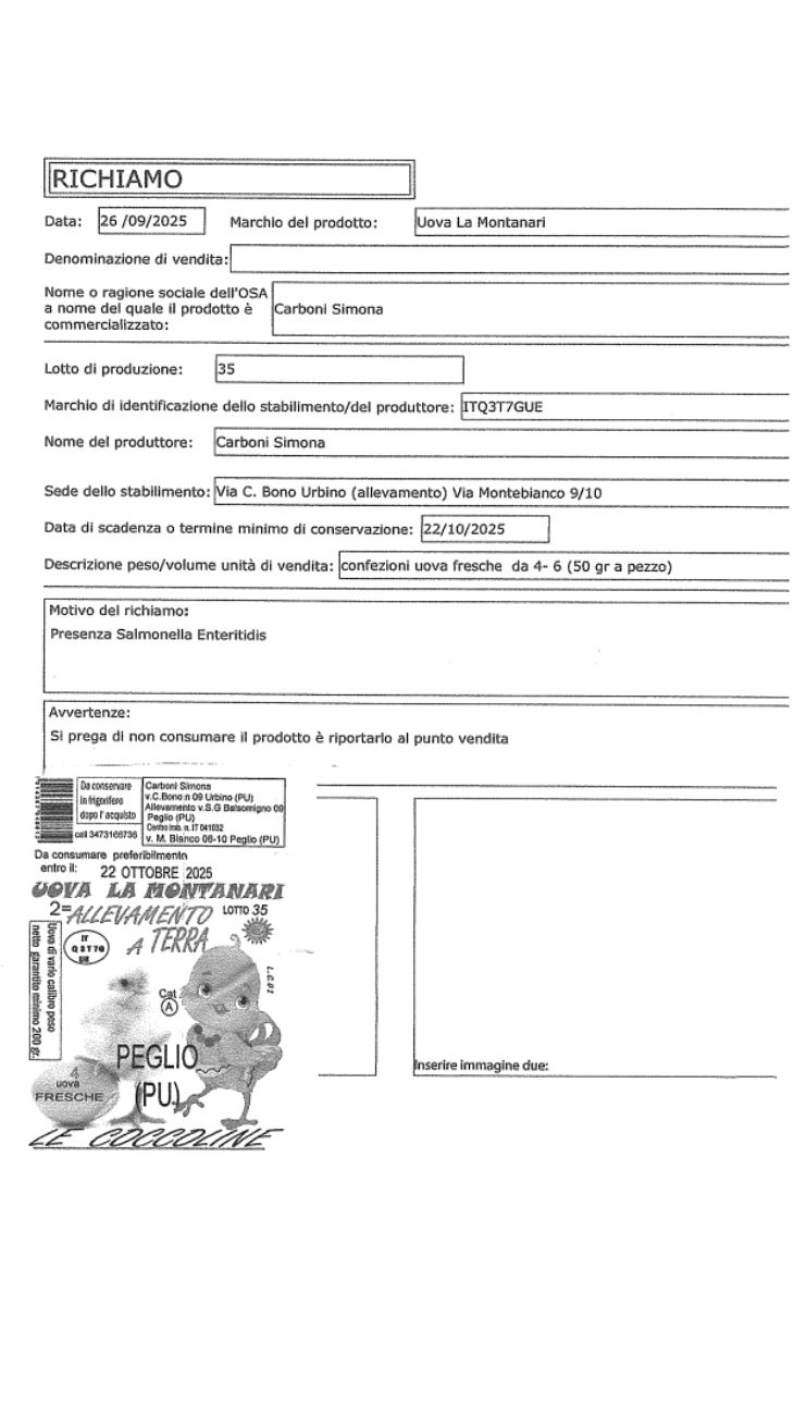 Uova lotto ritirato