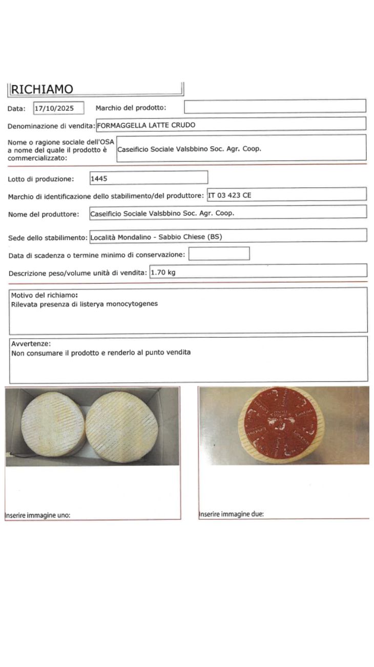 Formaggio allarme listeria