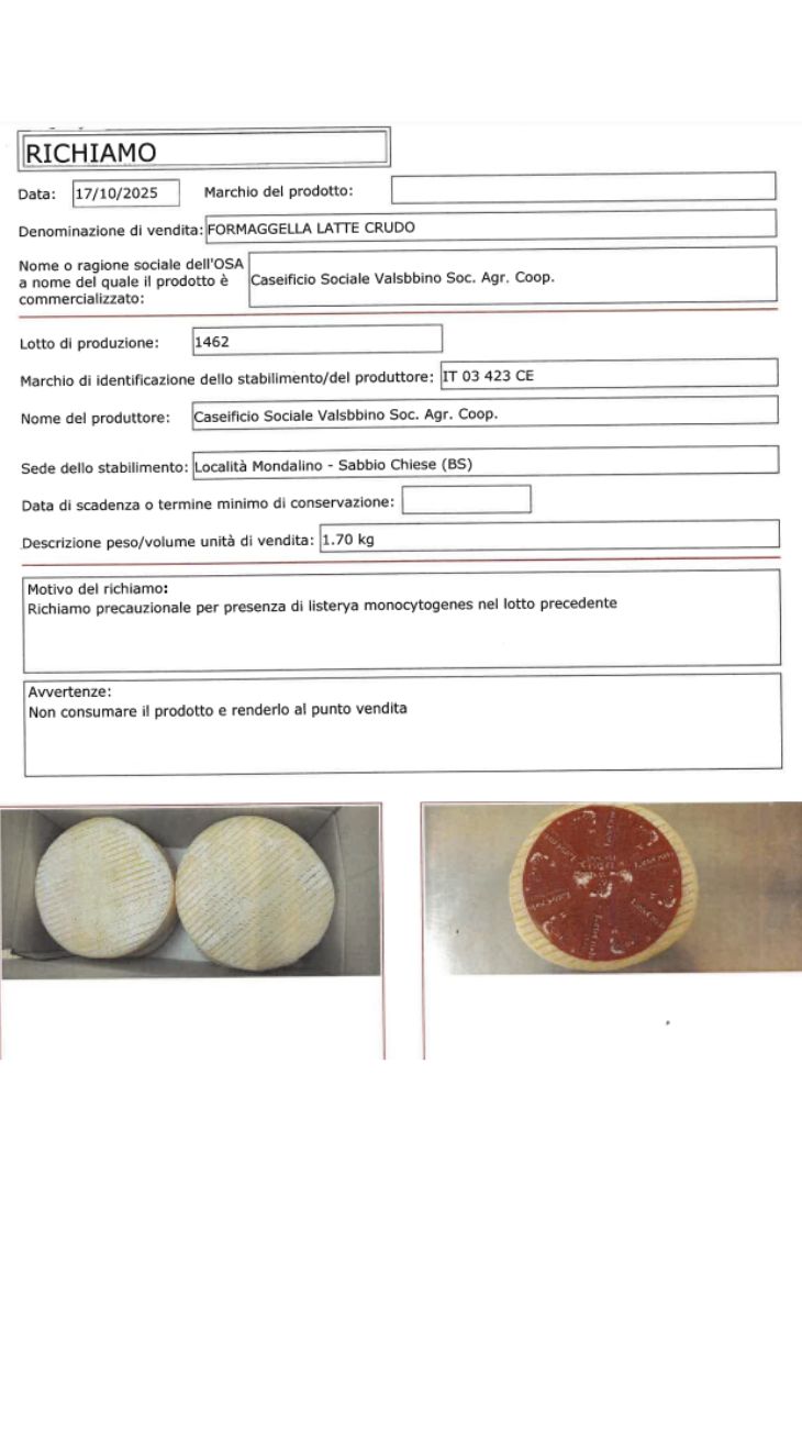 Formaggio allarme listeria