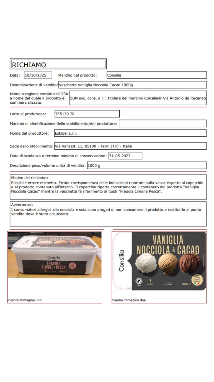 Gelato ritirato dal mercato