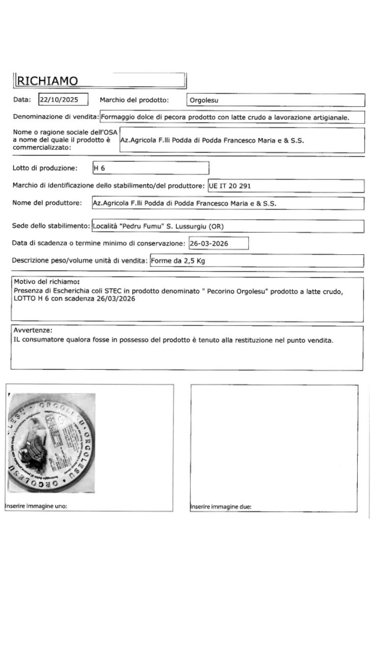 Pecorino lotto ritirato