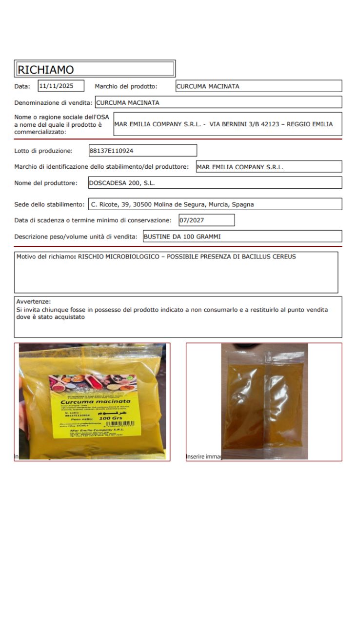 Curcuma allarme microbiologico