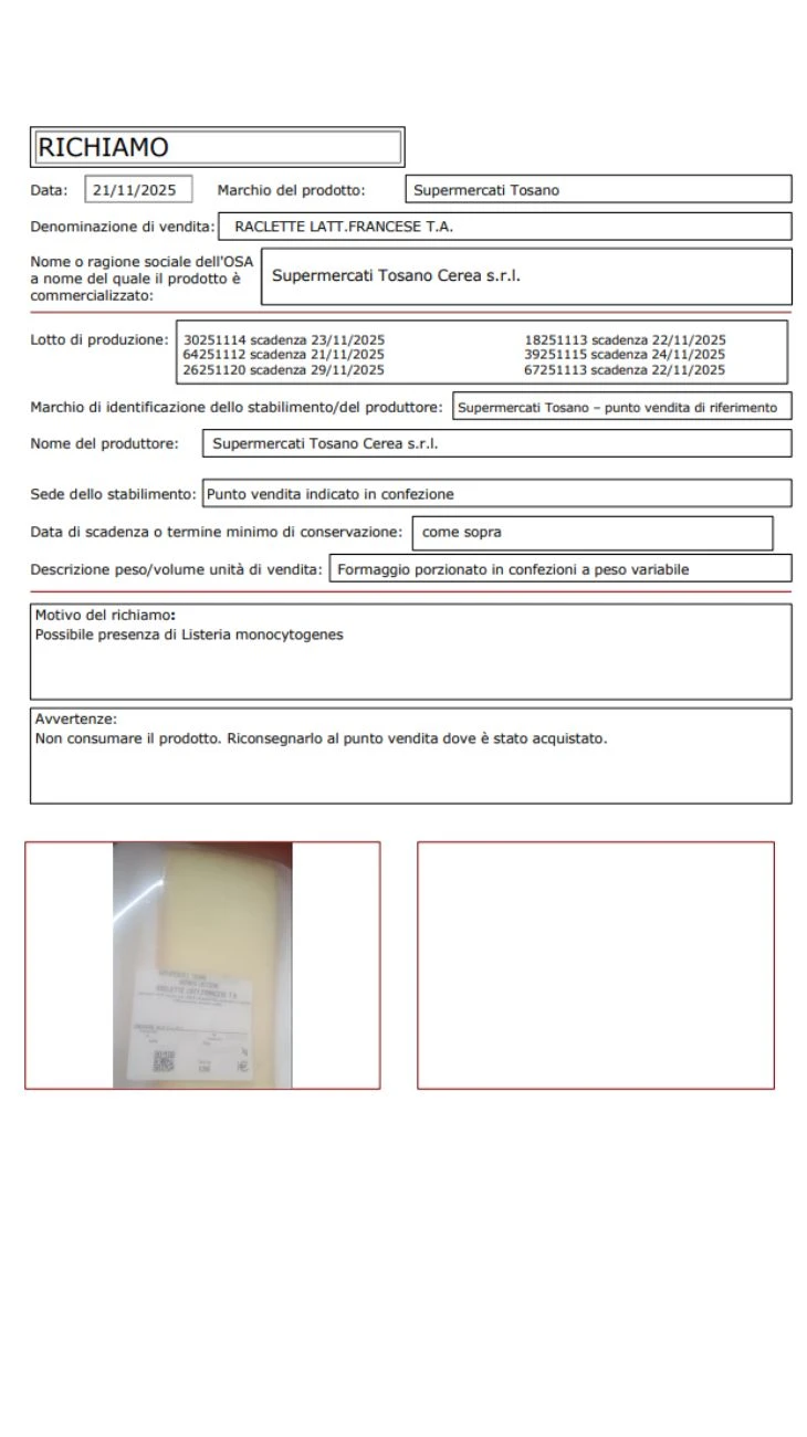 Formaggio richiamo listeria
