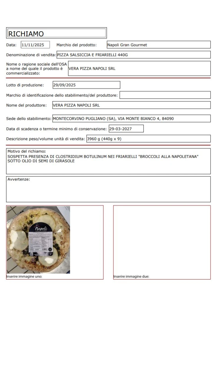 Pizza focacce lotti ritirati