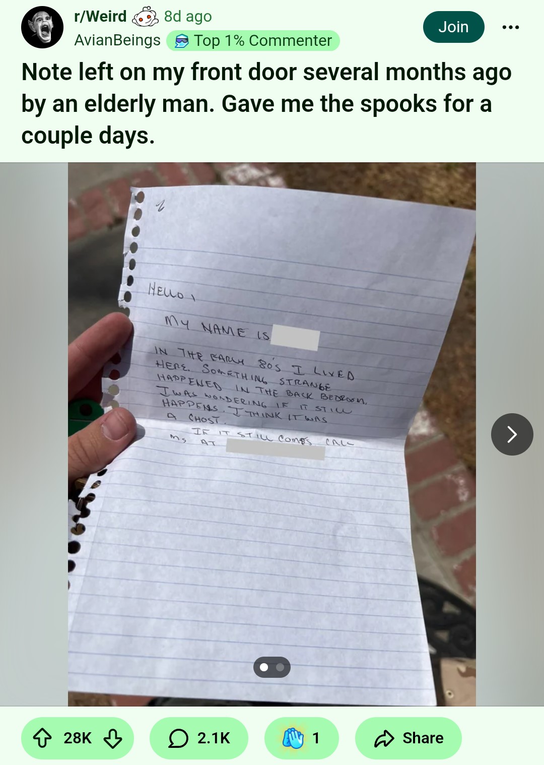 Il post originale con la foto del bigliettino