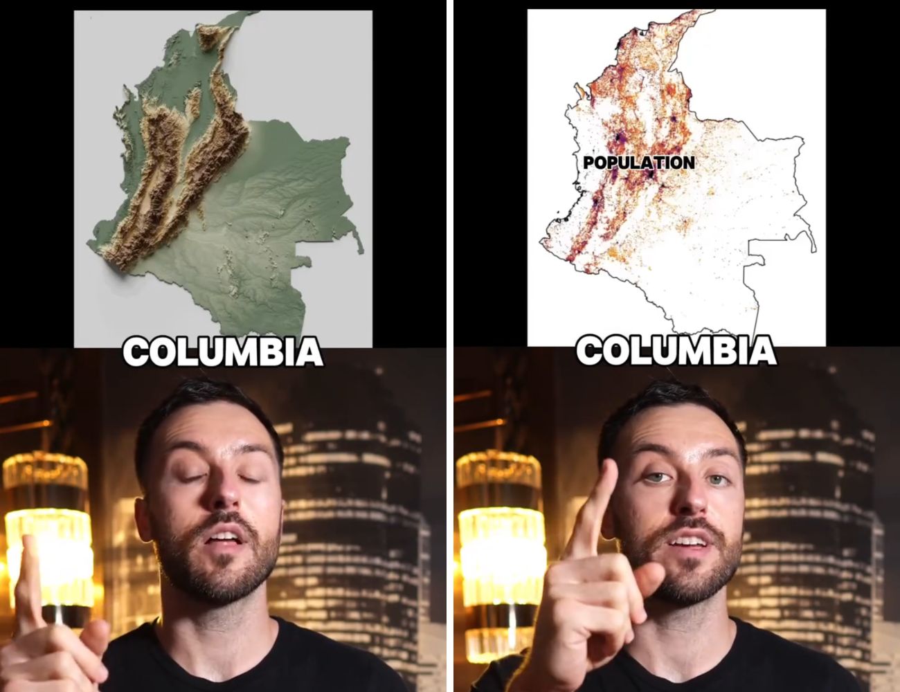 A sinistra la mappa geografica della Colombia, a destra la densità della popolazione: è evidente che quasi tutti vivano nei pressi delle montagne