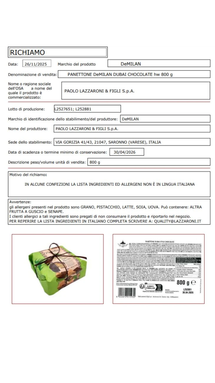 Panettone lotti ritirati